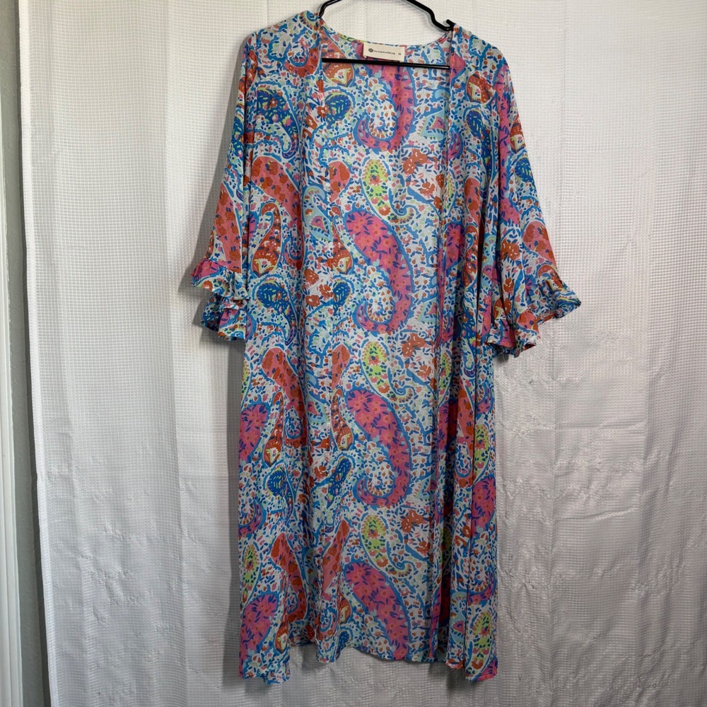 The Impeccable Pig Paisley Duster Ruffle Sleeve Open Front Boho Kimono M